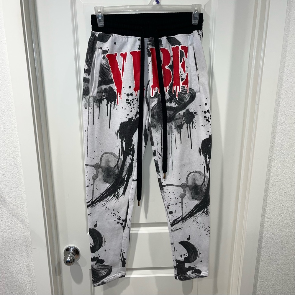 One Color Nation Sweat Pants White black VIBE Men's size M Splatter Drip
